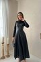 Women's Black Heart Collar Faux Leather Detailed Long Sleeve Flared Midi Dress - 3