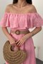 Women's Pink Off-The-Shoulder Brode Maxi Dress with Flounce Collar and Flared Cut in Cotton - 4