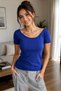 M Size Madonna Collar Lyralic Cotton Combed Cobalt Blue Slim Fit Short Sleeve Women's T-Shirt