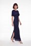 Women's Navy Blue Cape Detail Long Lace Evening Dress - 2