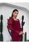 Women's Burgundy Midi Dress with Square Collar, Chiffon Balloon Sleeves and Ruffle Detail - 3