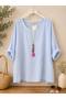 Italian Linen Textured Oversized Blouse with Pendant – Crew Neck, Batwing Sleeves, Casual Chic Women's Blouse - 3