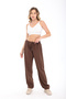 Blayn Women's Tan Linen Textured High Waist Wide Leg Pants with Tie Waist - 2