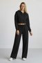 Women's Black Two-Thread Relaxed Fit Hooded Zipper Crop Wide-Leg Sweatpants Set - 7940