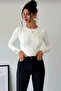 Women's Knitted Patterned Crew Neck Knitwear Sweater with Gold Button Detail - 2