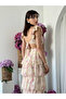 Women's Beige Floral Patterned Chiffon Backless Ruffled Long Dress - 3