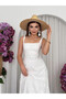 Women's White Midi Dress with Scallop Pattern, Square Collar and Belt Detail