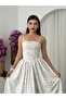 Women's White Midi Dress with Thin Straps, Square Neck, Floral Pattern, Gathered - 5