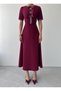 Women's Burgundy Midi Dress with Stone Bow Detail, Crew Neck, Short Sleeves - 2