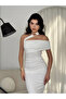 Women's White Midi One-Shoulder Asymmetrical Collar Gathered Slim Fit Evening Dress - 3