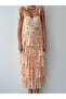 Women's Beige Floral Patterned Strappy Bowknot Layered Flounce Midi Dress - 2