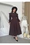 Women's Coffee Color Midi Dress Balloon Sleeve Shoulder Flounce Button Detail Poplin A-Line - 6