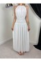 Women's White Halter Neck Backless Maxi Dress with Gathered Waist Detail - 5
