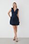 Navy Blue V-Neck Stoned Draped Mini Evening Dress