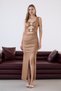 Low-Cut Draped Long Evening Dress with Mink Gold Accessories