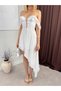 Women's White Carmen Collar Lace-Up Asymmetrical Mini Dress with Lace Detail - 3
