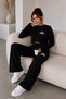 Women's Ribbed Knitwear Set, Finger-Loop Crop Blouse, High Waist Wide Leg Pants - 3