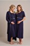 Women's Navy Blue Ribbed Buttoned Maternity Nightgown Set - 3