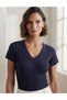 Women's Navy Blue V-Neck Ribbed Short Sleeve Knitwear Blouse Casual Stylish Basic Top
