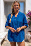 Blue Hakim Collar 3/4 Sleeve Embroidered Hem Oval Casual Cotton Woven Blouse 72 62 - 7
