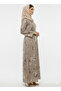 Golden Flora Beige Abaya | Rizqé Luxury Foil Print Modest Wrap with Flared Sleeves - 2