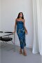 Blue Patterned Slit Ruffle Tulle Dress - 6