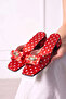 Algero Red Satin Polka Dot Women's Slippers with Gold Drop Accessories and Short Heels - 3