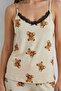Women's Cream Teddy Bear Printed Black Lace Detailed Rope Strap Pajama Set - 2