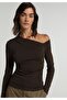 Slim Fit Asymmetrical Collar Plain Women's Brown Long Sleeve T-Shirt