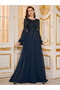 Navy Blue Embellished A-Line Maxi Evening Dress - 6