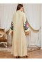 Beige Floral Print Pearls Embellished Maxi Jalabiya - 2