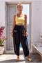 Black Embroidered Pocketed Elastic Waist Shalwar Leg Casual Linen Look Woven Trousers 90 68 - 3