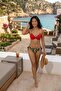 Red Tropical Leaf Pattern Drawstring Bottom Top Bikini Set Padded Beachwear - 3