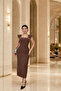 Brown Stone Detail Thick Strap Square Neck Slit Crepe Fabric Dress