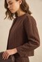 Women's O-Neck Open Front Self-Textured Lined Brown Jacket - 6