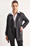 Women's Double-Breasted Collar Belted Lined Faux Leather Trench Coat Black - 2
