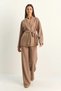 Women's Belted Kimono with Elastic Waist, Pocket Detail, Loose Palazzo Modal Milk Coffee Set - 3