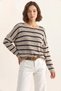 Women's Striped Boat Neck Off-Shoulder Relaxed Fit Slim Knitwear Beige Navy Blue Sweater - 4