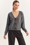 Women's V-Neck Knitwear Anthracite Cardigan with Pearl Bow Accessories - 4