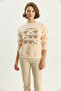 Women's Three-Thread Embroidered Beige Sweatshirt with Bow Embroidery and Ribbon Accessories - 7