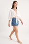 Women's Wide Sleeve V-Neck Muslin Ecru Blouse with Tie Detail - 3
