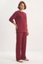 Women's Crew Neck Long Sleeve Top Ribbed Elastic Waist Loose Burgundy Pants Set - 2