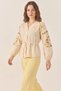 Women's V-Neck Embroidered Waist-Tied Linen Beige Shirt with Elastic Sleeves - 3