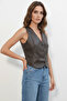 Women's V-Neck Buttoned Brown Vest - 2