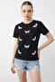 Women's Bead Stone Embroidered Dragonfly Patterned Comfortable Fit t Shirt Black - 2