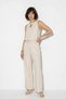 Women's Crew Neck Balloon Cut Blouse Loose Beige Trousers Set - 2