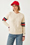Women's V-Neck Patterned Knitwear Ecru Sweater - 2