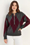 Women's Buttoned Diamond Patterned Basic Knitwear Anthracite Claret Red Sweater - 5