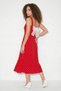 Women's Polka Dot Viscose Midi Red and White Dress with Back Tie Detail - 6