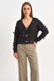 Women's V-Neck Oversize Buttoned Black Cardigan with Bow Accessories - 2